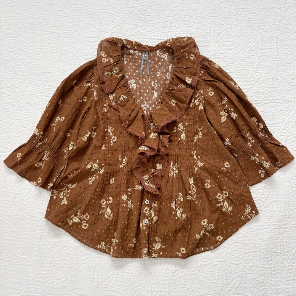 Anthropologie Ruffled Pin-Tuck Button-Front Floral Blouse XXS‎